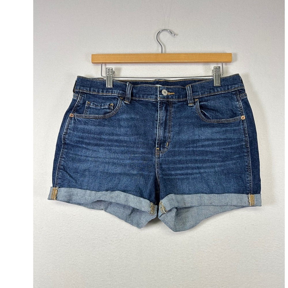 Casual Old Navy Women 12 Blue Dark Wash Mid-Rise Cuffed Boyfriend Denim Shorts‎